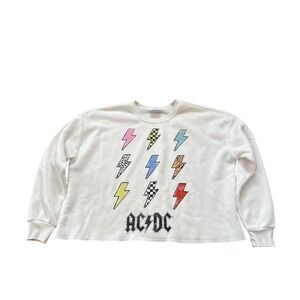 AC/DC Graphic Sweatshirt Women Cream Lightning Bolt Cropped Raw Hem SIZE L